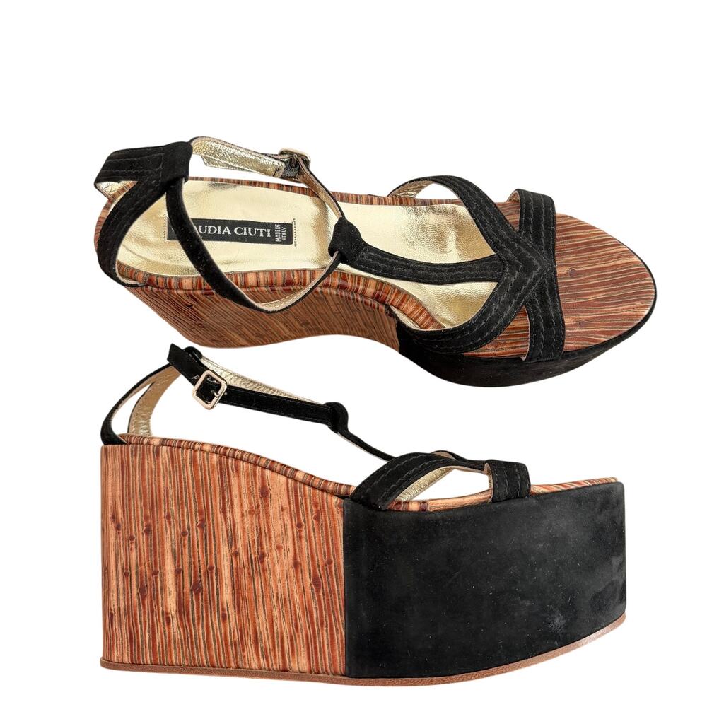 Claudia Ciuti Black Strappy Wedge Platform Heels Made in Italy Women’s Size 7